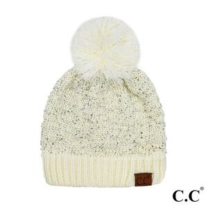 CC Ivory and Silver Sequin Pom Beanie